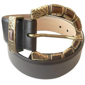 Adrienne Vittadini Brown Leather Belt with Gold-Tone Hammered Buckle